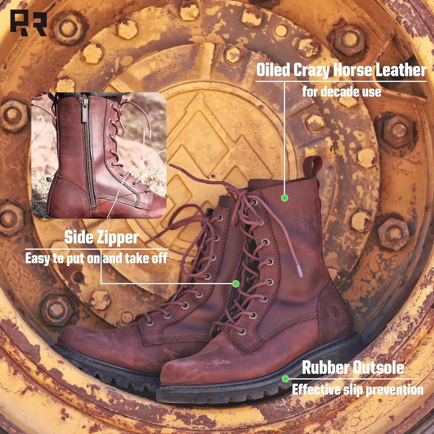 ROCKROOSTER SAP130 Mantua 8" Zipper Motorcycle Boots Combat Casual Dress Boots - Soft Toe Oiled Crazy Horse Leather Work Boots with Slip-Resistant Rubber Sole (Medium Width)