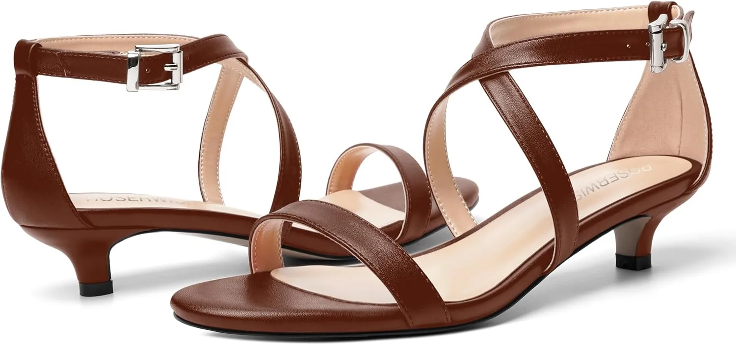 ROSERWISH Womens Matte Stylish Ankle Strap Dress Buckle Round Toe Wedding Kitten Low Heel Heeled Sandals 1.5 Inch