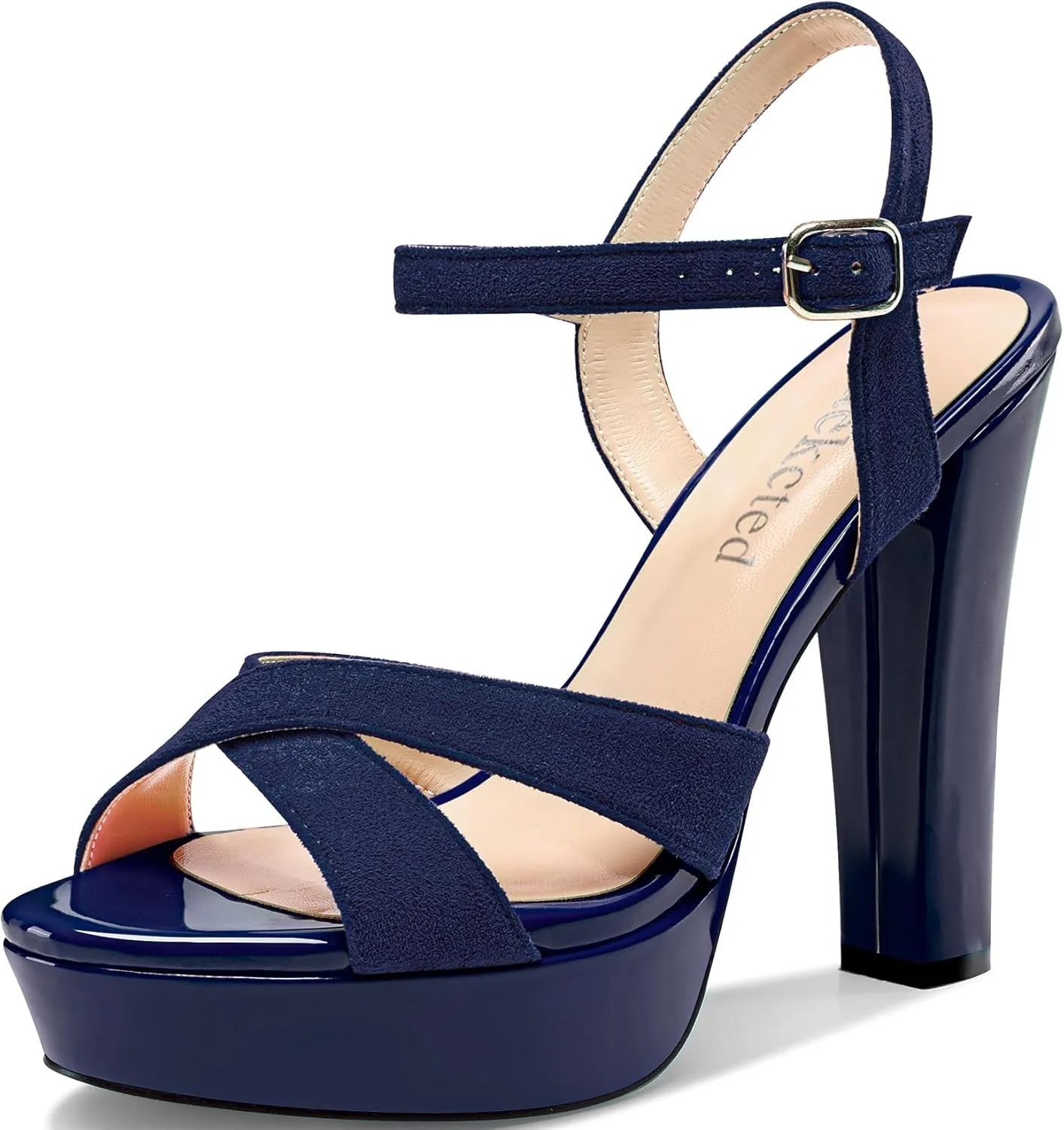 Saekcted Womens Chunky Block High Heel Open Toe Platform Ankle Strap Sandals Cross-Strap Patchwork Dress Shoes Casual Summer 5.1 Inches Heels