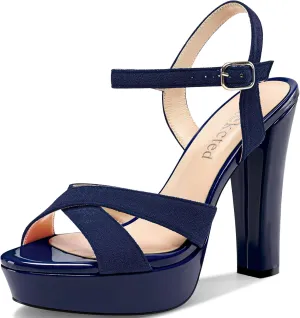 Saekcted Womens Chunky Block High Heel Open Toe Platform Ankle Strap Sandals Cross-Strap Patchwork Dress Shoes Casual Summer 5.1 Inches Heels