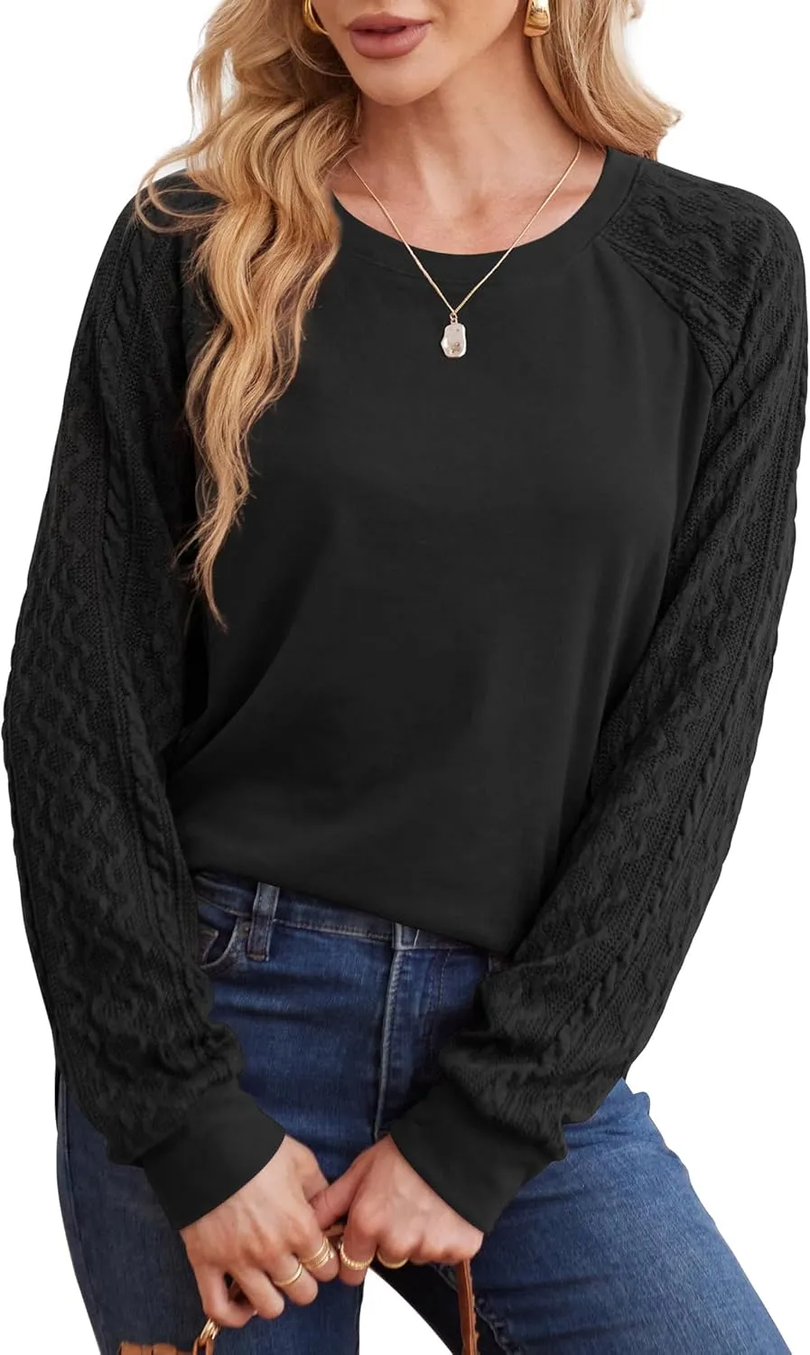 Saloogoe Sweatshirts for Women Crewneck Cable Knit Sleeve Sweaters Lightweight Fashion 2024