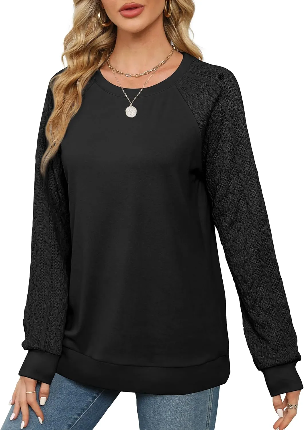 Saloogoe Sweatshirts for Women Crewneck Cable Knit Sleeve Sweaters Lightweight Fashion 2024