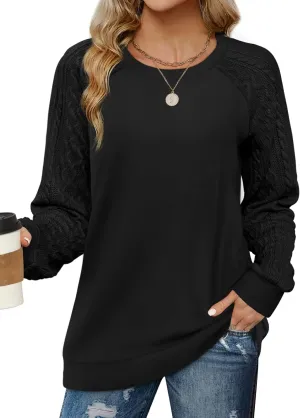 Saloogoe Sweatshirts for Women Crewneck Cable Knit Sleeve Sweaters Lightweight Fashion 2024