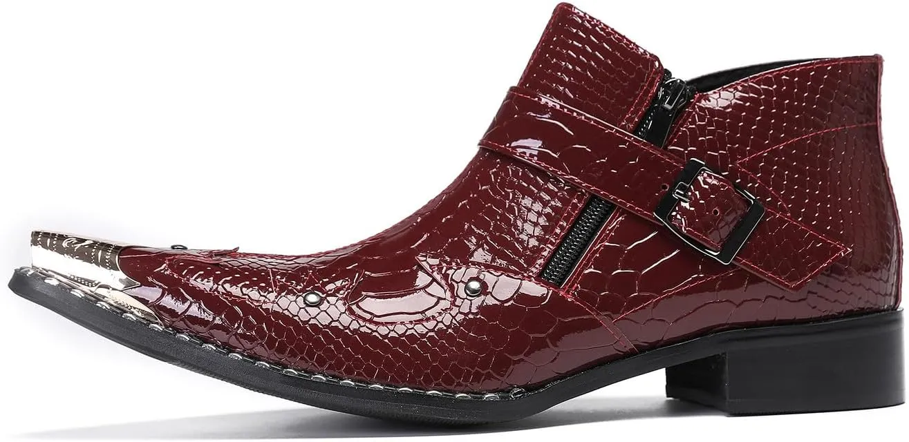 Santimon Mens Ankle Chelsea Boots Casual Dress Rock Party Western Snakeskin Texture Chukka Boots Metal Wingtip Leather Double Zipper Singer Cowboy Boots for Men Boy