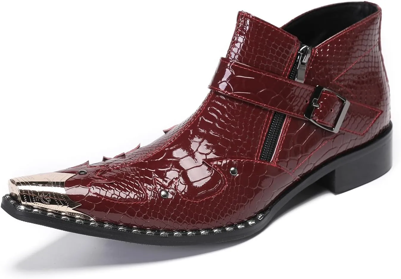 Santimon Mens Ankle Chelsea Boots Casual Dress Rock Party Western Snakeskin Texture Chukka Boots Metal Wingtip Leather Double Zipper Singer Cowboy Boots for Men Boy