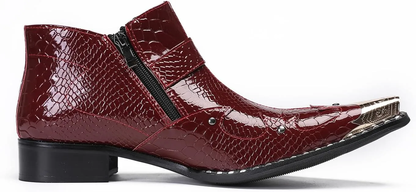Santimon Mens Ankle Chelsea Boots Casual Dress Rock Party Western Snakeskin Texture Chukka Boots Metal Wingtip Leather Double Zipper Singer Cowboy Boots for Men Boy
