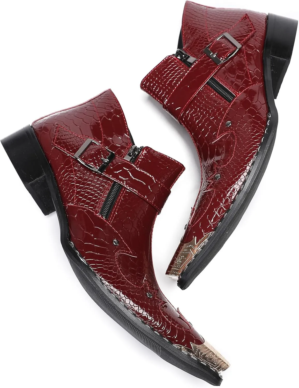 Santimon Mens Ankle Chelsea Boots Casual Dress Rock Party Western Snakeskin Texture Chukka Boots Metal Wingtip Leather Double Zipper Singer Cowboy Boots for Men Boy