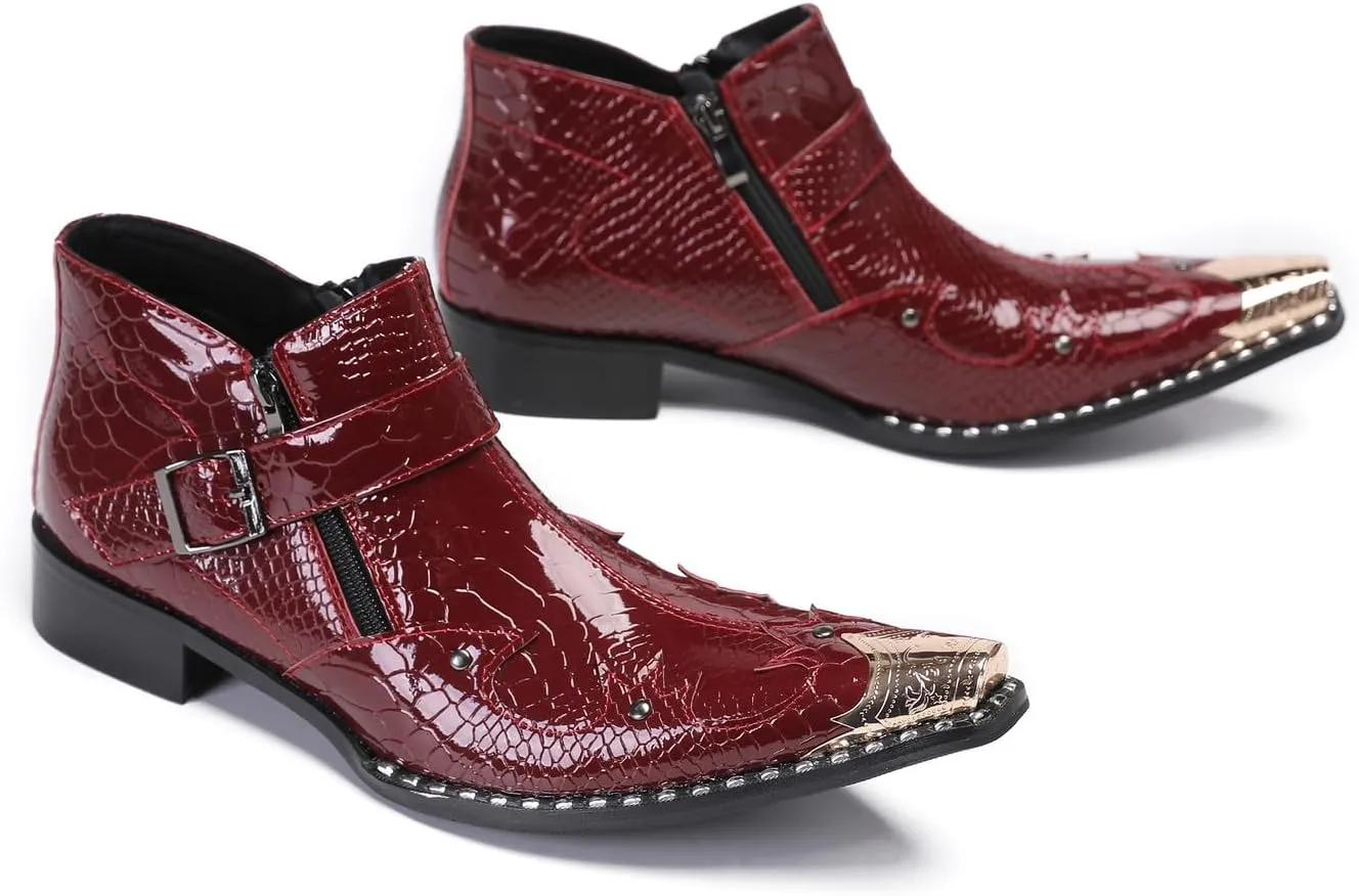 Santimon Mens Ankle Chelsea Boots Casual Dress Rock Party Western Snakeskin Texture Chukka Boots Metal Wingtip Leather Double Zipper Singer Cowboy Boots for Men Boy