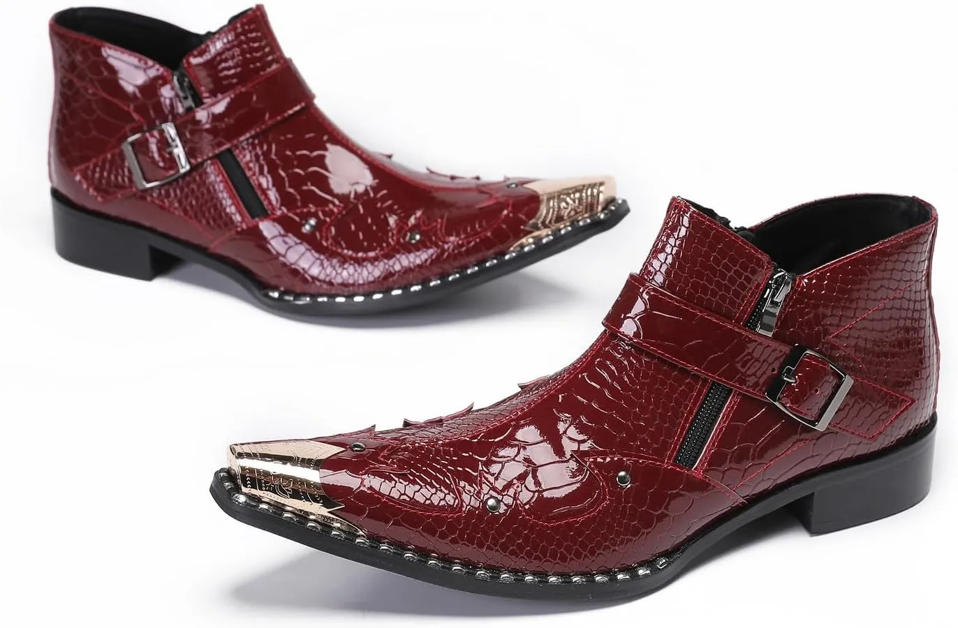 Santimon Mens Ankle Chelsea Boots Casual Dress Rock Party Western Snakeskin Texture Chukka Boots Metal Wingtip Leather Double Zipper Singer Cowboy Boots for Men Boy