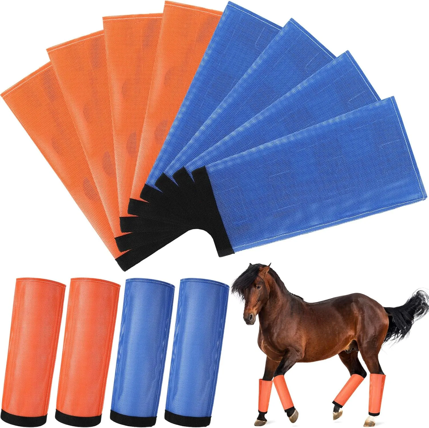 Set of 8 Mesh Fly Boots for Horse Breathable Mesh Horse Boots Protective Loose Wraps Adjustable for Preventing Legs Reduces Flies and Mosquitoes Bites (Blue, Orange,M)