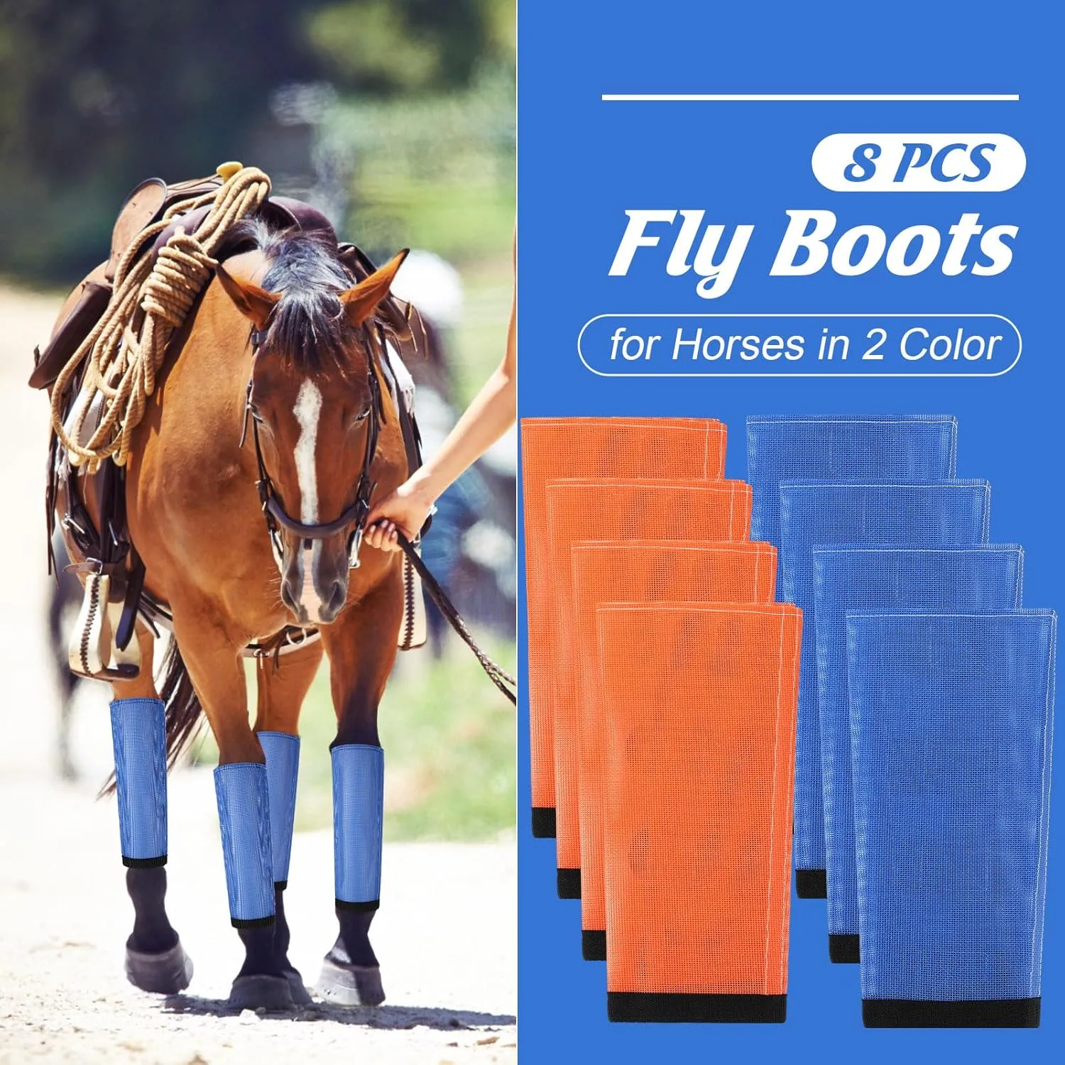 Set of 8 Mesh Fly Boots for Horse Breathable Mesh Horse Boots Protective Loose Wraps Adjustable for Preventing Legs Reduces Flies and Mosquitoes Bites (Blue, Orange,M)