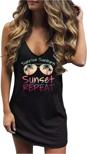 Sexy Summer Dress for Women Sun Salt Sand Graphic Mini Dress Hawaii Beach Vacation Dresses Summer Sexy V Neck Sundress
