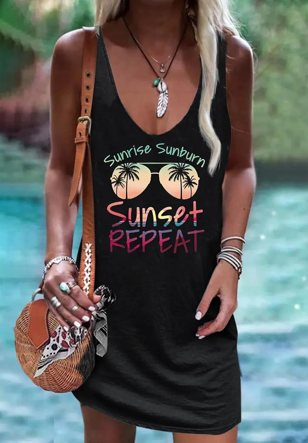 Sexy Summer Dress for Women Sun Salt Sand Graphic Mini Dress Hawaii Beach Vacation Dresses Summer Sexy V Neck Sundress