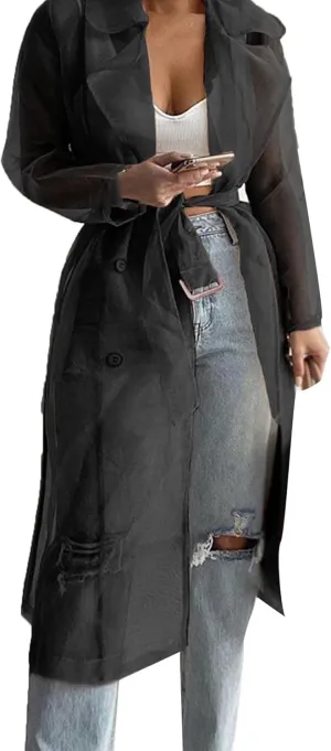 Sexyshine Women's Summer Mesh Sheer See Through Double Breasted Midi Trench Coat Belted Lightweight Cardigan