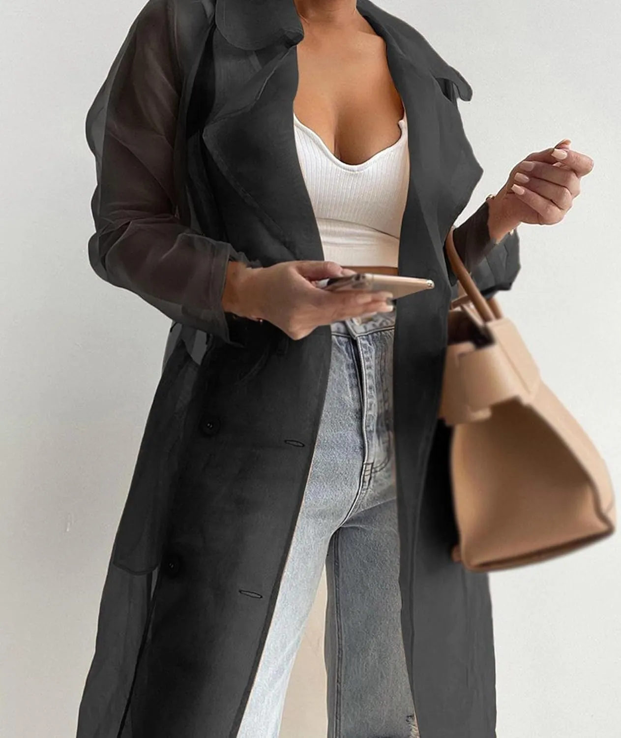 Sexyshine Women's Summer Mesh Sheer See Through Double Breasted Midi Trench Coat Belted Lightweight Cardigan