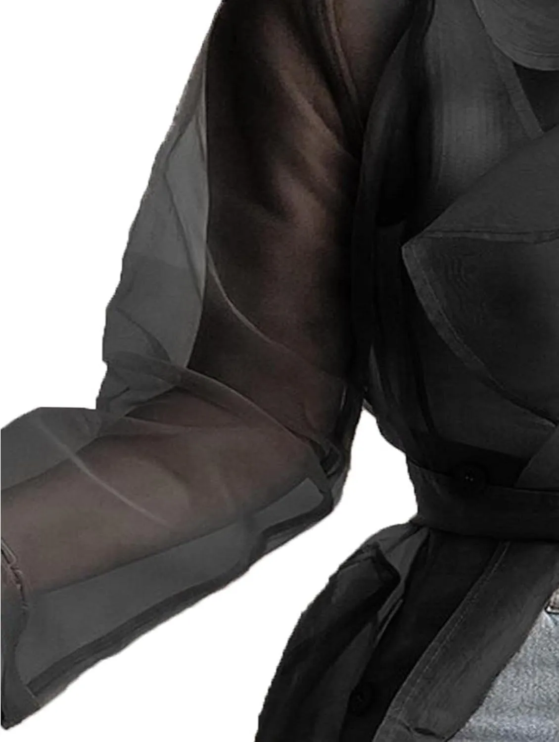 Sexyshine Women's Summer Mesh Sheer See Through Double Breasted Midi Trench Coat Belted Lightweight Cardigan