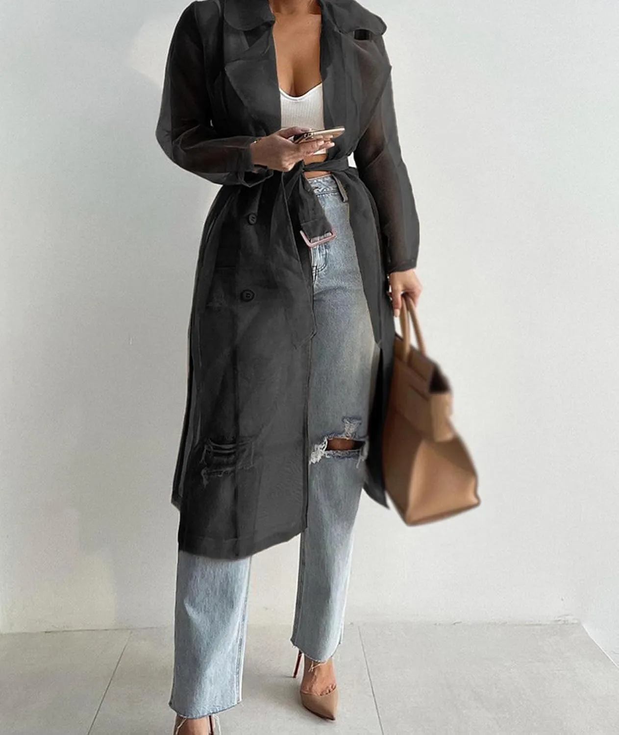 Sexyshine Women's Summer Mesh Sheer See Through Double Breasted Midi Trench Coat Belted Lightweight Cardigan