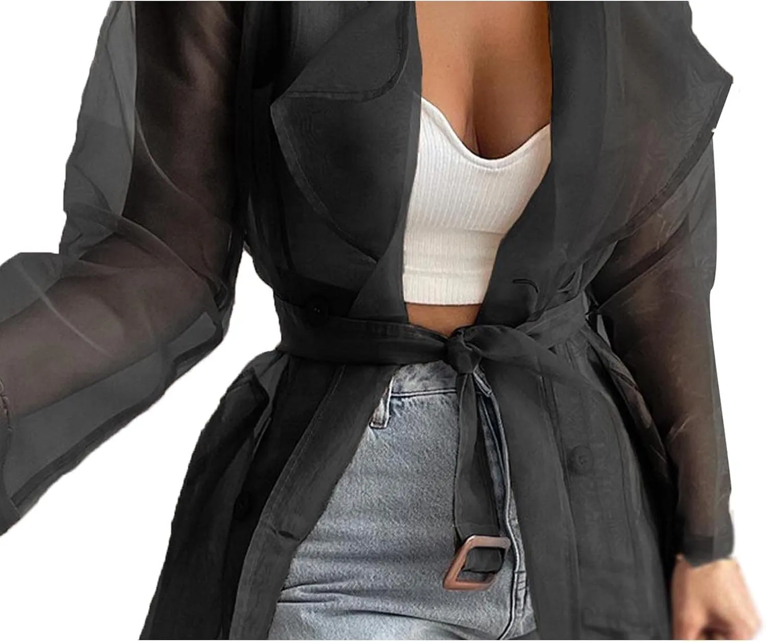 Sexyshine Women's Summer Mesh Sheer See Through Double Breasted Midi Trench Coat Belted Lightweight Cardigan
