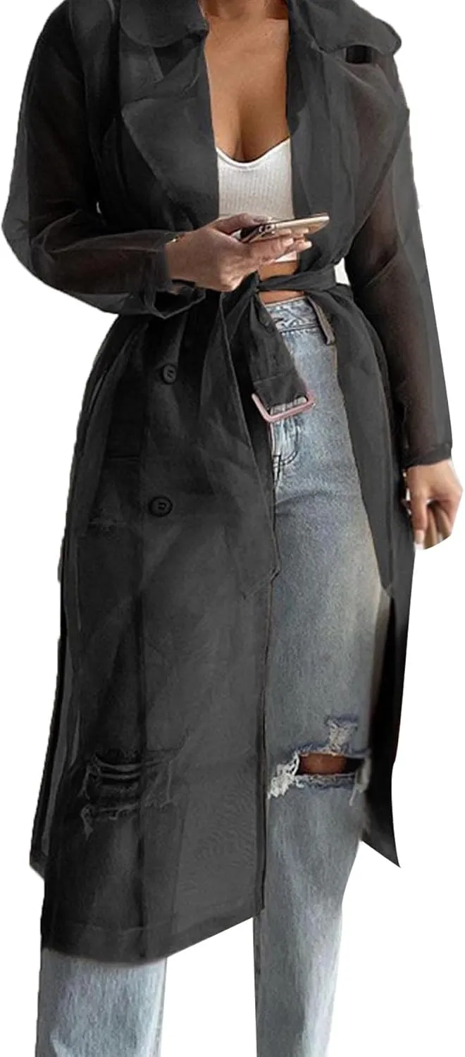 Sexyshine Women's Summer Mesh Sheer See Through Double Breasted Midi Trench Coat Belted Lightweight Cardigan