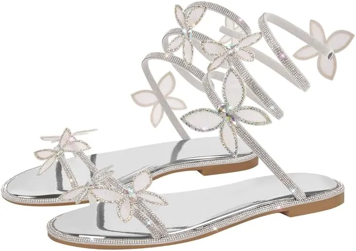 sexytag Women's Butterfly Diamante Flat Sandals Rhinestone Wrap Up Sparkly Glitter Ankle Strap Open Toe Summer Shoes