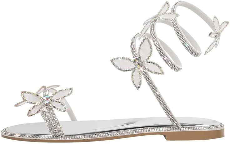 sexytag Women's Butterfly Diamante Flat Sandals Rhinestone Wrap Up Sparkly Glitter Ankle Strap Open Toe Summer Shoes