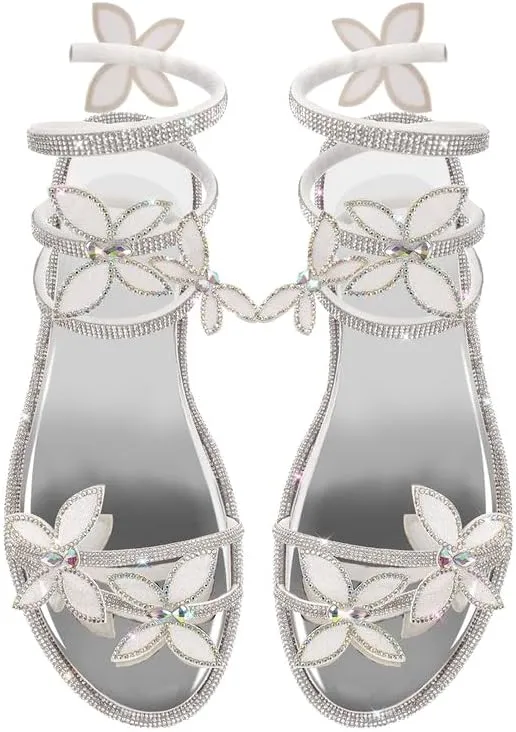 sexytag Women's Butterfly Diamante Flat Sandals Rhinestone Wrap Up Sparkly Glitter Ankle Strap Open Toe Summer Shoes