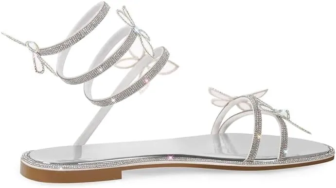 sexytag Women's Butterfly Diamante Flat Sandals Rhinestone Wrap Up Sparkly Glitter Ankle Strap Open Toe Summer Shoes