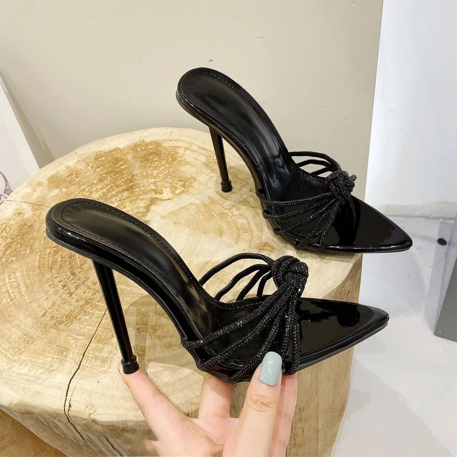 SHEMEE Sparkly Rhinestones Heels for Women Pointy Stiletto High Heels Sandals Chic Knot Slide Mules Wedding Dress Shoes
