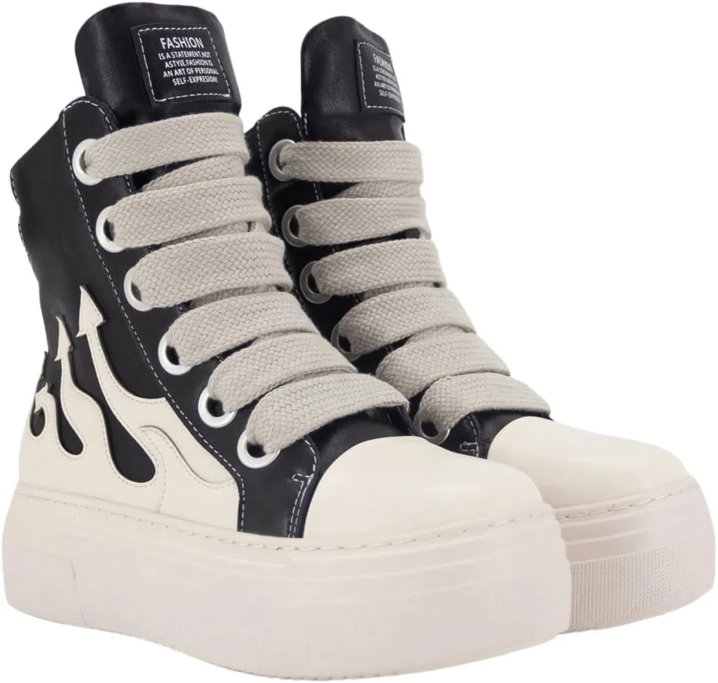 SHENHE Women's PU Leather High Top Sneakers Lace Up Platform Sneakers Flame Print Walking Shoes