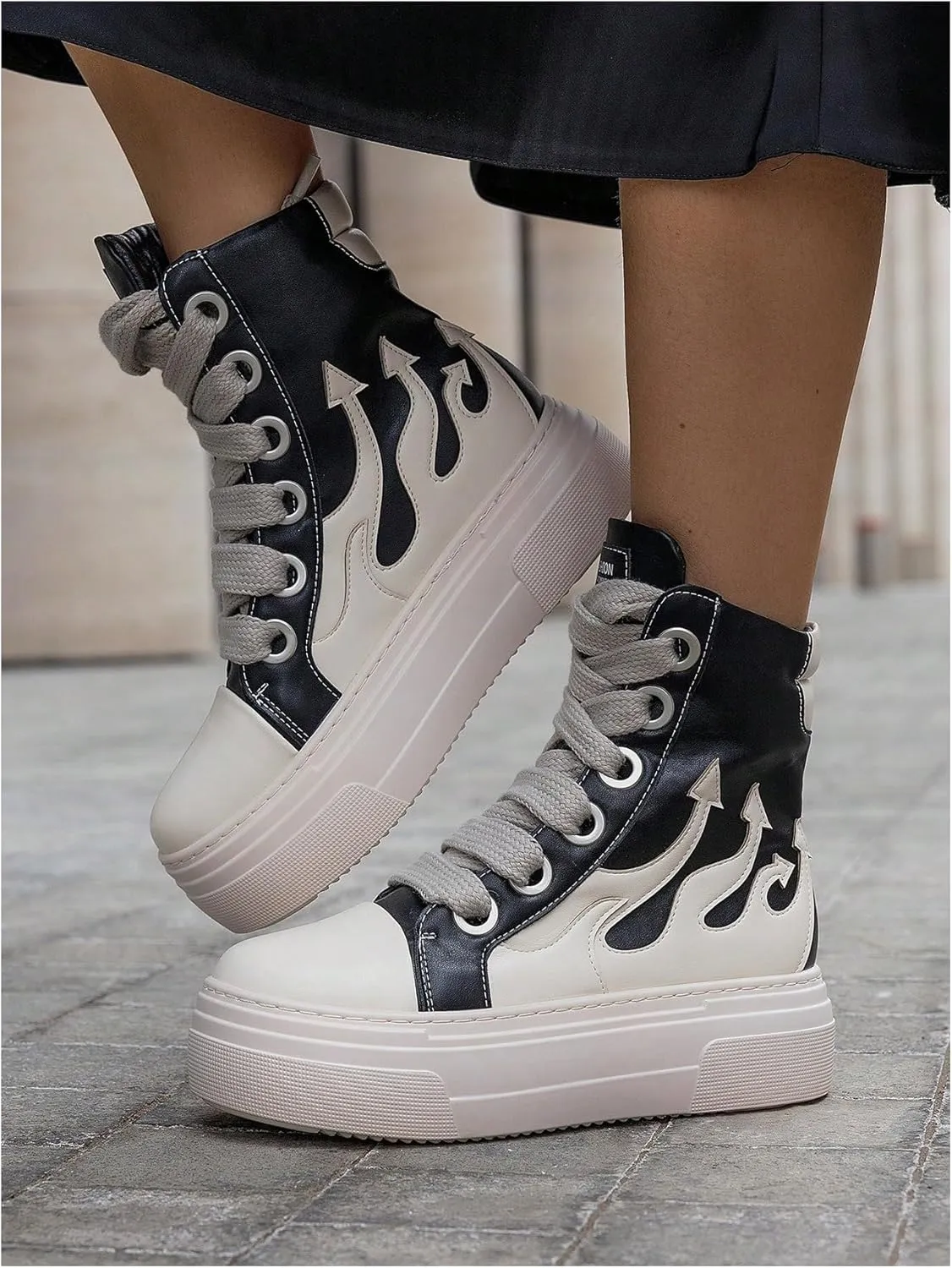 SHENHE Women's PU Leather High Top Sneakers Lace Up Platform Sneakers Flame Print Walking Shoes