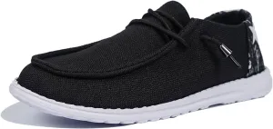 Shesnugin|Women's Black Fabric Slip On Casual Loafers Comfortable Lightweight Breathable Canvas Lace-Up Walking Flat Boat Shoes Ultralight Sole Wide Deck Shoes for Work and Traveling