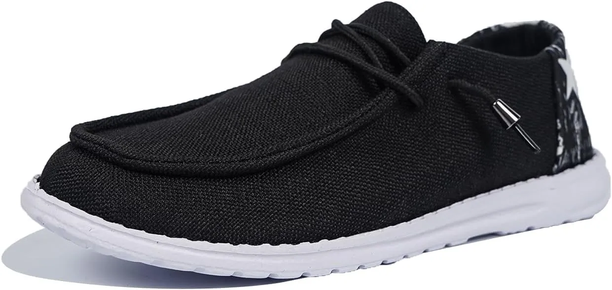 Shesnugin|Women's Black Fabric Slip On Casual Loafers Comfortable Lightweight Breathable Canvas Lace-Up Walking Flat Boat Shoes Ultralight Sole Wide Deck Shoes for Work and Traveling