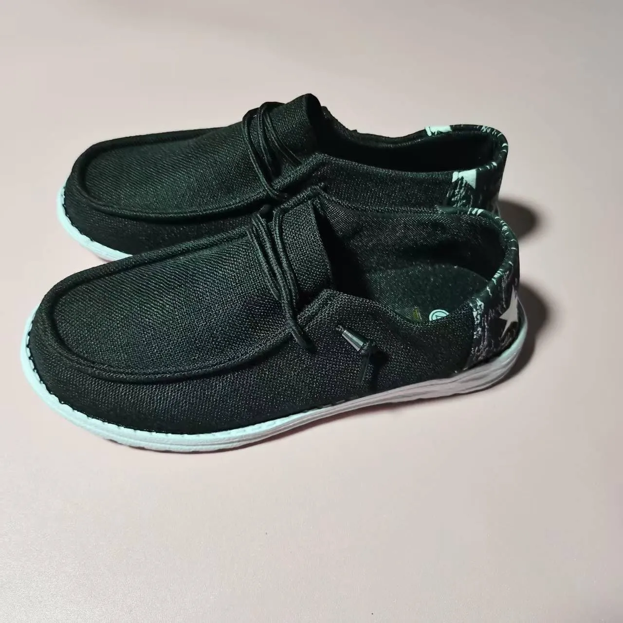 Shesnugin|Women's Black Fabric Slip On Casual Loafers Comfortable Lightweight Breathable Canvas Lace-Up Walking Flat Boat Shoes Ultralight Sole Wide Deck Shoes for Work and Traveling