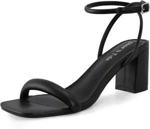 Shoe'N Tale Chunky Heels for Women Block Strappy Heeled Sandals Ankle Buckle Square Toe Comfortable Dressy Shoes