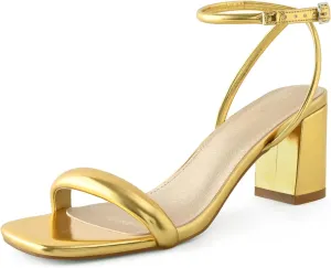 Shoe'N Tale Chunky Heels for Women Block Strappy Heeled Sandals Ankle Buckle Square Toe Comfortable Dressy Shoes