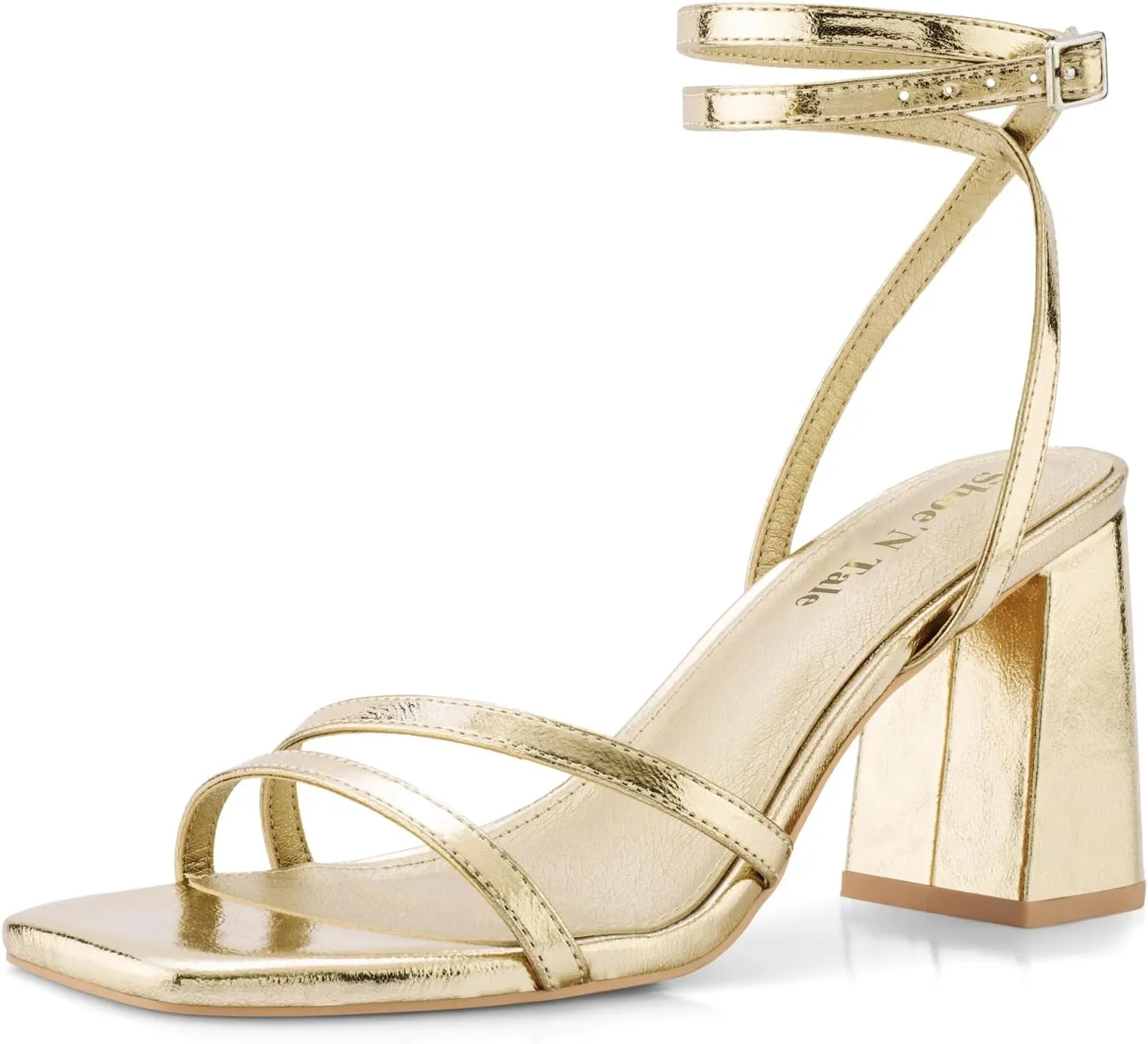 Shoe'N Tale Strappy Heels for Women Square Toe Chunky Block Heels Square Toe Ankle Strap Sandals