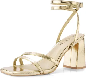 Shoe'N Tale Strappy Heels for Women Square Toe Chunky Block Heels Square Toe Ankle Strap Sandals