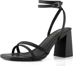 Shoe'N Tale Strappy Heels for Women Square Toe Chunky Block Heels Square Toe Ankle Strap Sandals