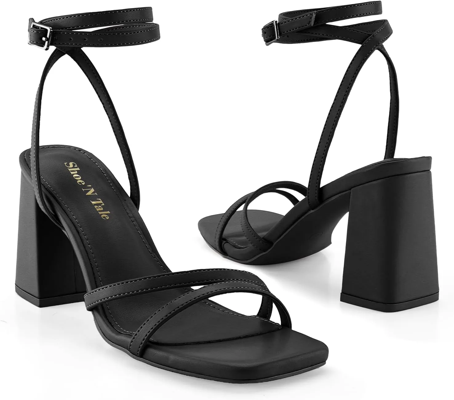 Shoe'N Tale Strappy Heels for Women Square Toe Chunky Block Heels Square Toe Ankle Strap Sandals