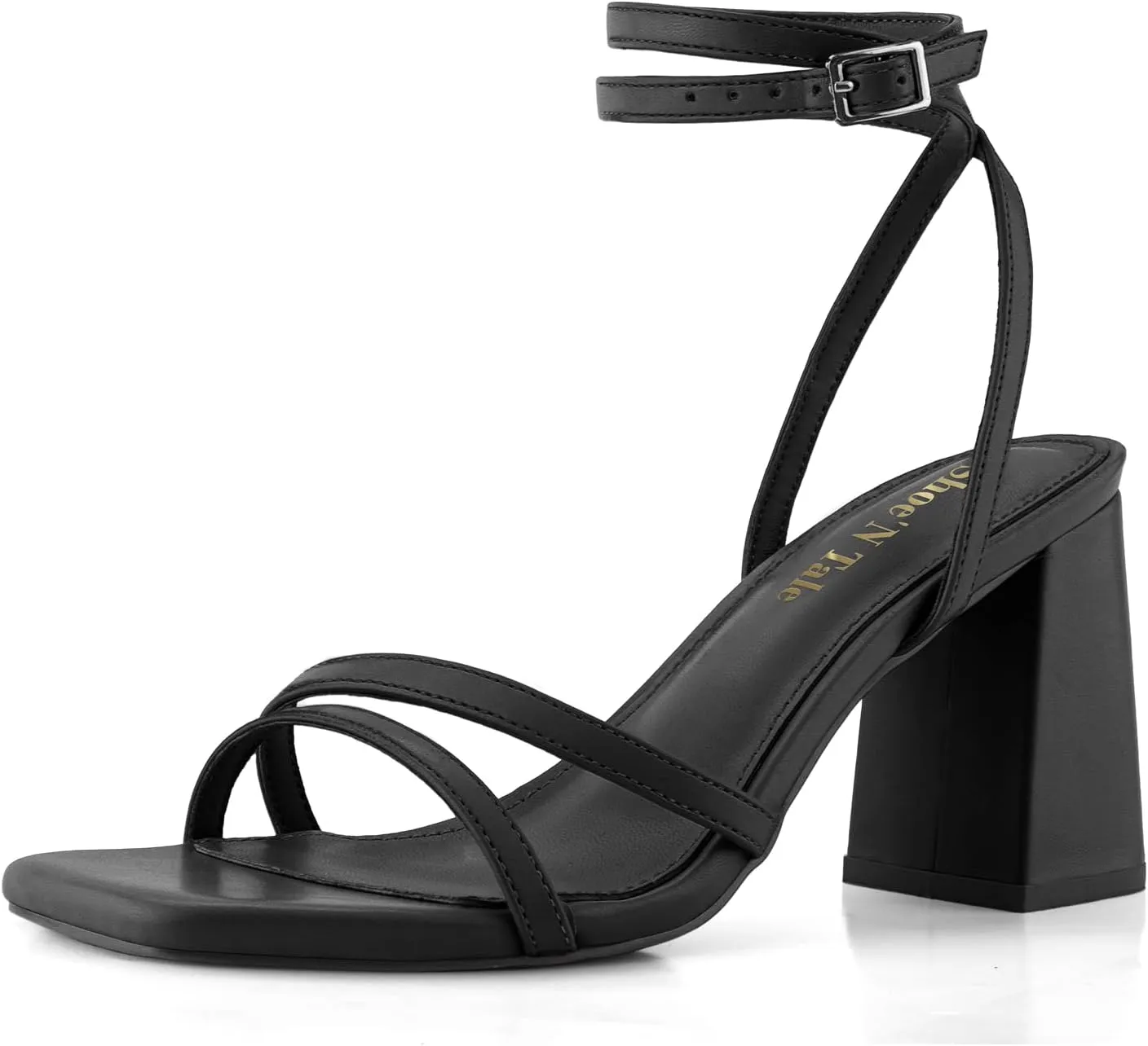 Shoe'N Tale Strappy Heels for Women Square Toe Chunky Block Heels Square Toe Ankle Strap Sandals