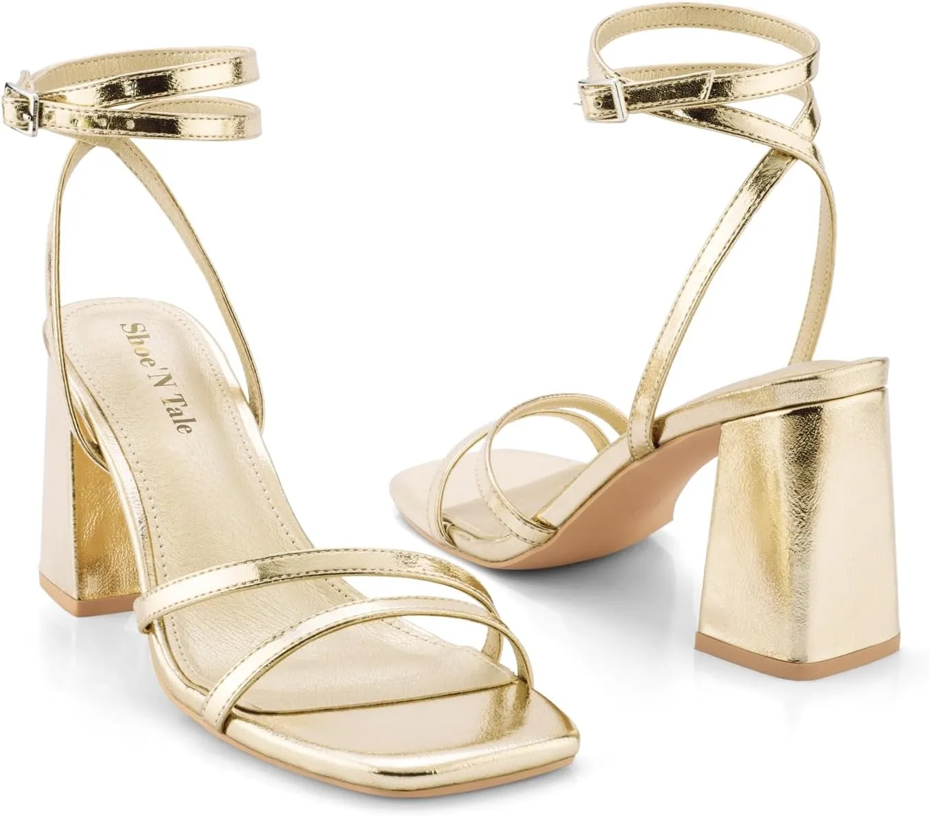 Shoe'N Tale Strappy Heels for Women Square Toe Chunky Block Heels Square Toe Ankle Strap Sandals