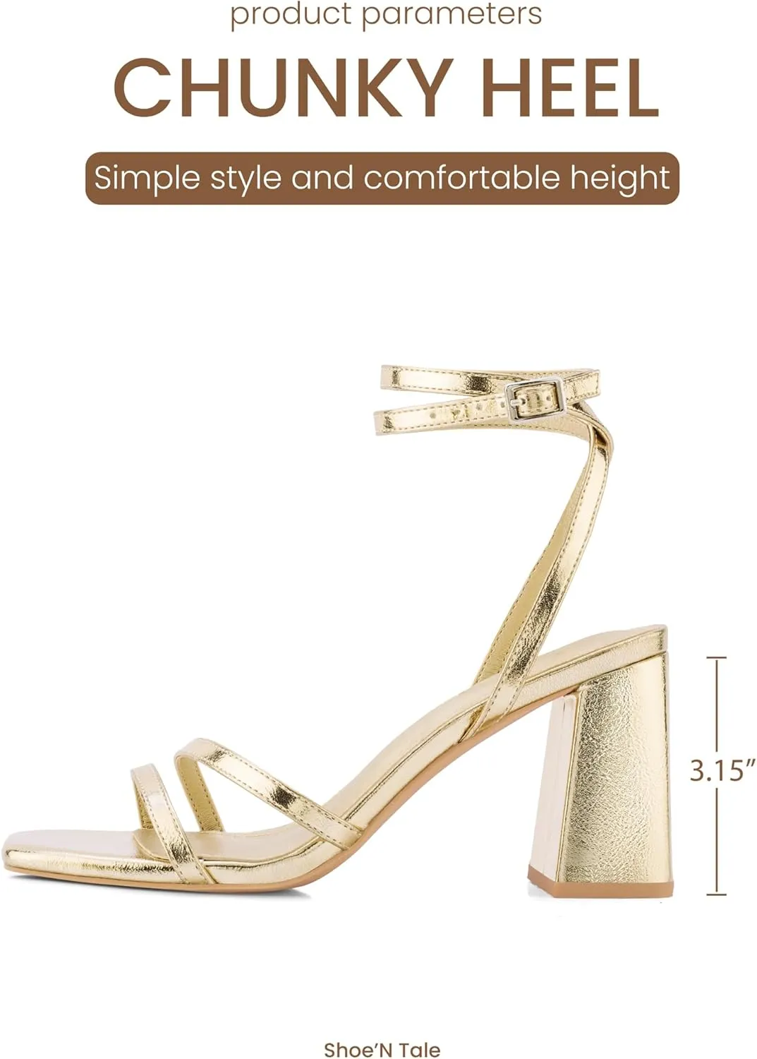 Shoe'N Tale Strappy Heels for Women Square Toe Chunky Block Heels Square Toe Ankle Strap Sandals