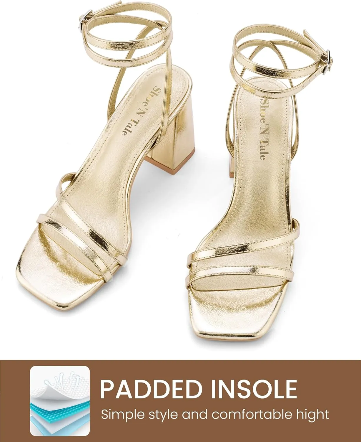 Shoe'N Tale Strappy Heels for Women Square Toe Chunky Block Heels Square Toe Ankle Strap Sandals