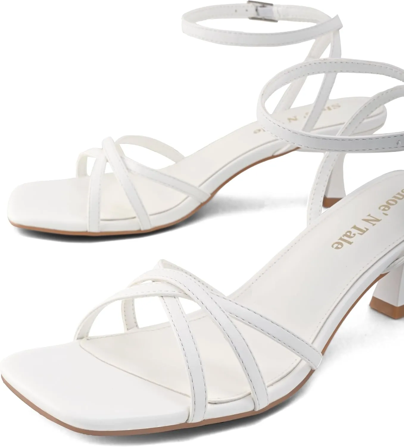 Shoe’N Tale Womens Kitten Heels Heeled Strappy Sandals Square Open Toe Stilettos Adjustable Ankle Strap Dress Party Wedding Fashion Shoes