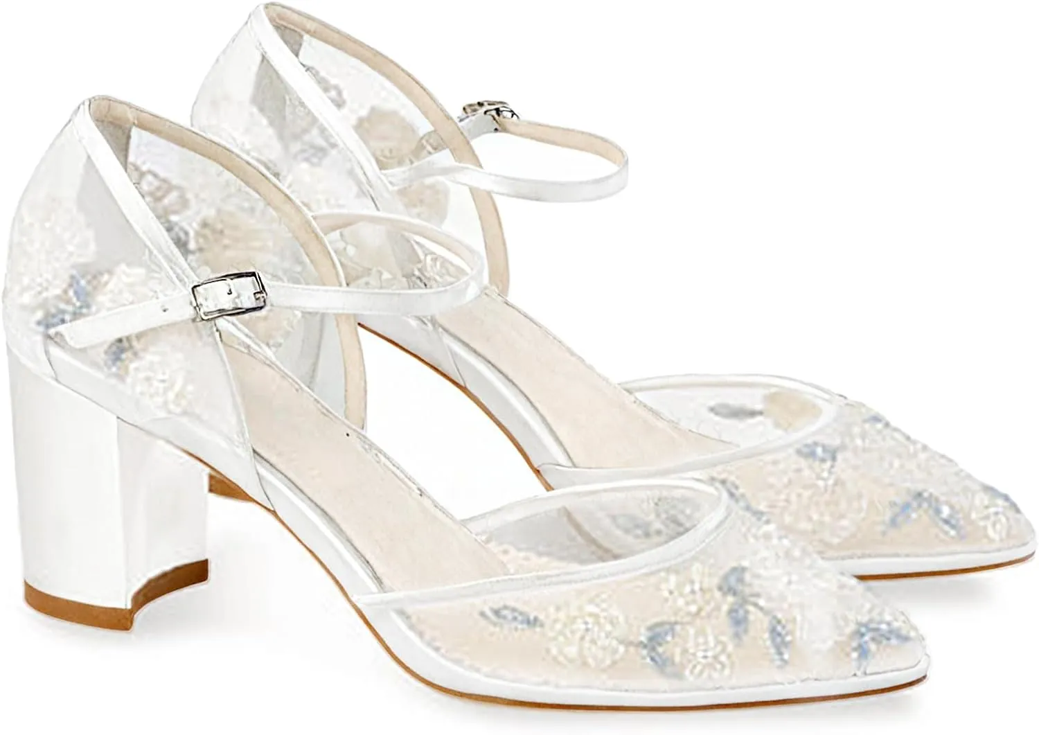 SIFIEELAR Womens LOW HEEL Sandals Ankle Strap Pointed Toe Sandals mesh wedding Party embroidery Shoes