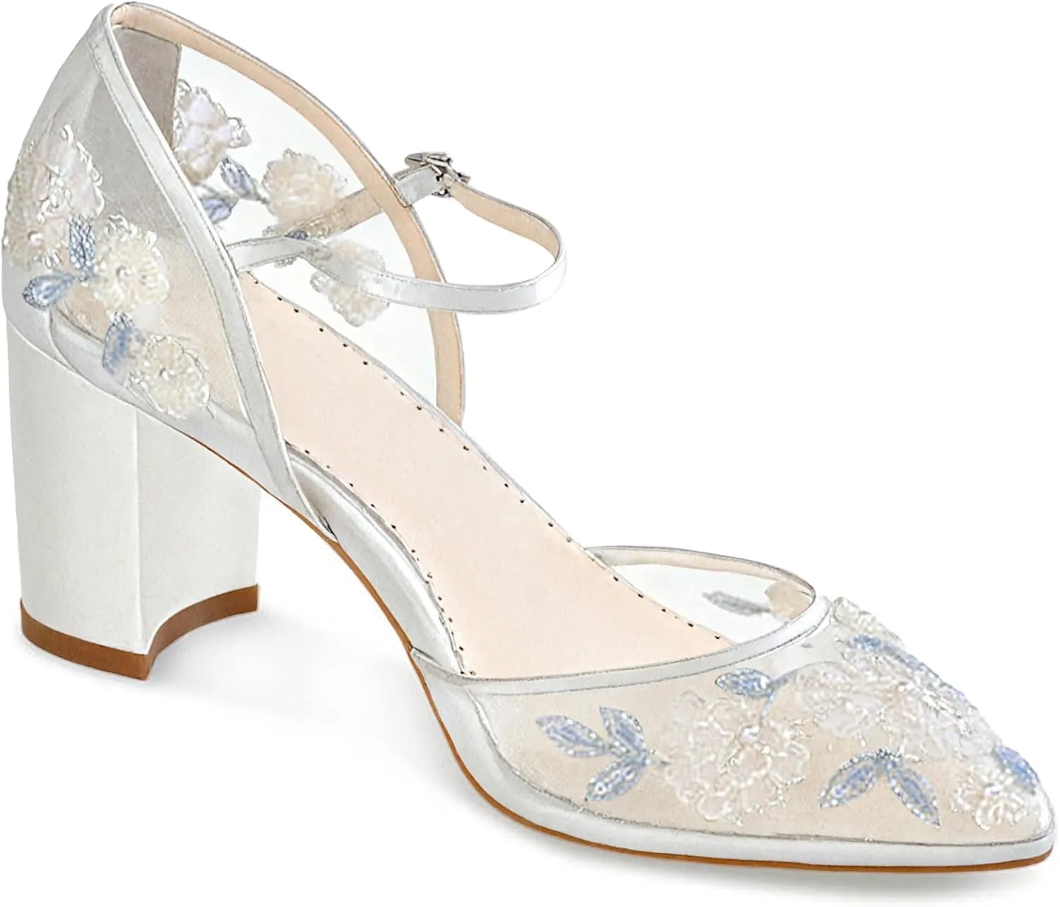 SIFIEELAR Womens LOW HEEL Sandals Ankle Strap Pointed Toe Sandals mesh wedding Party embroidery Shoes