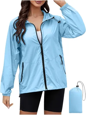 Sinzelimin Women Rain Jacket Lightweight Zip up Long Sleeves Hooded Windbreaker Jackets Raincoat with Pockets and Storage Bag