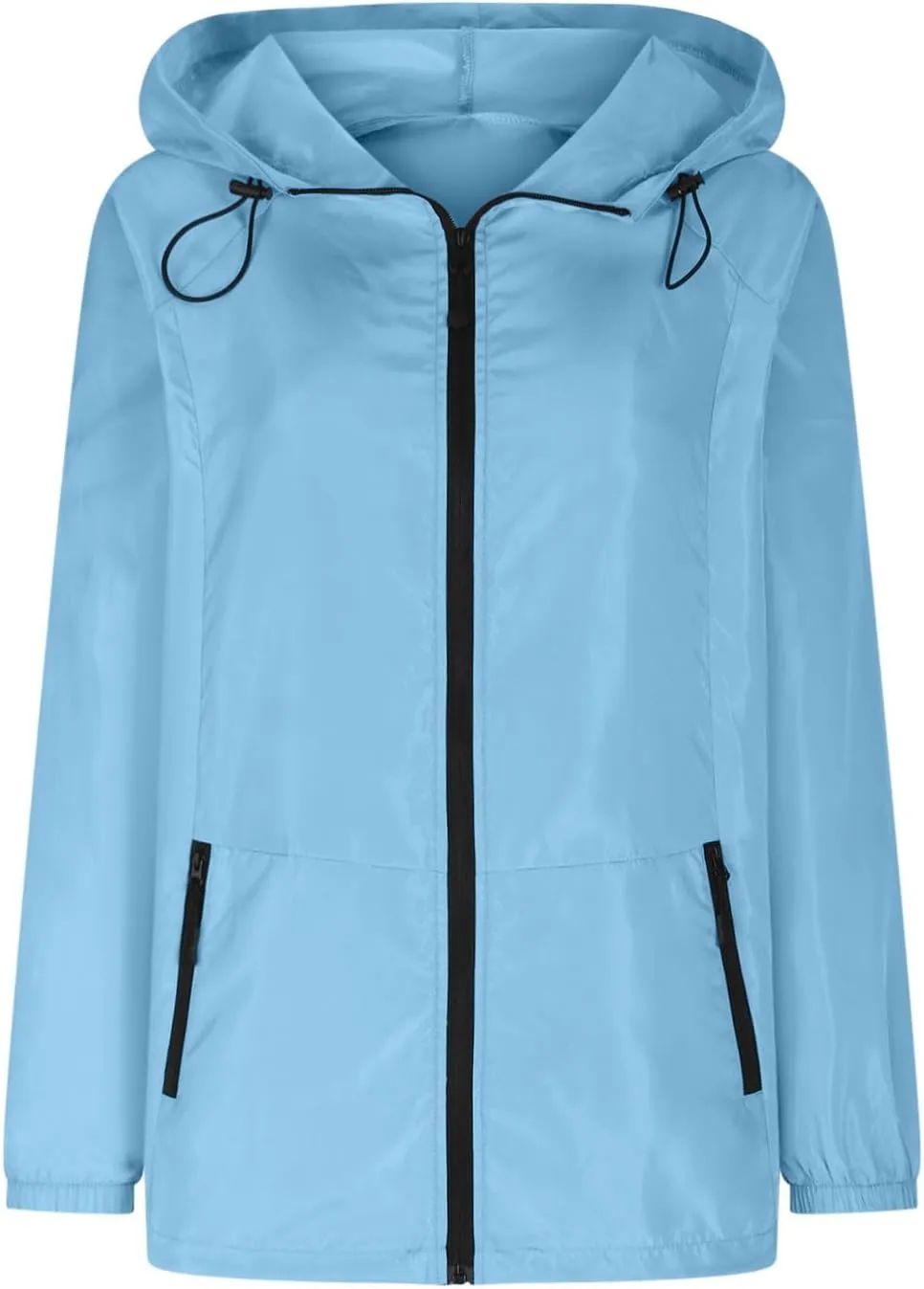 Sinzelimin Women Rain Jacket Lightweight Zip up Long Sleeves Hooded Windbreaker Jackets Raincoat with Pockets and Storage Bag
