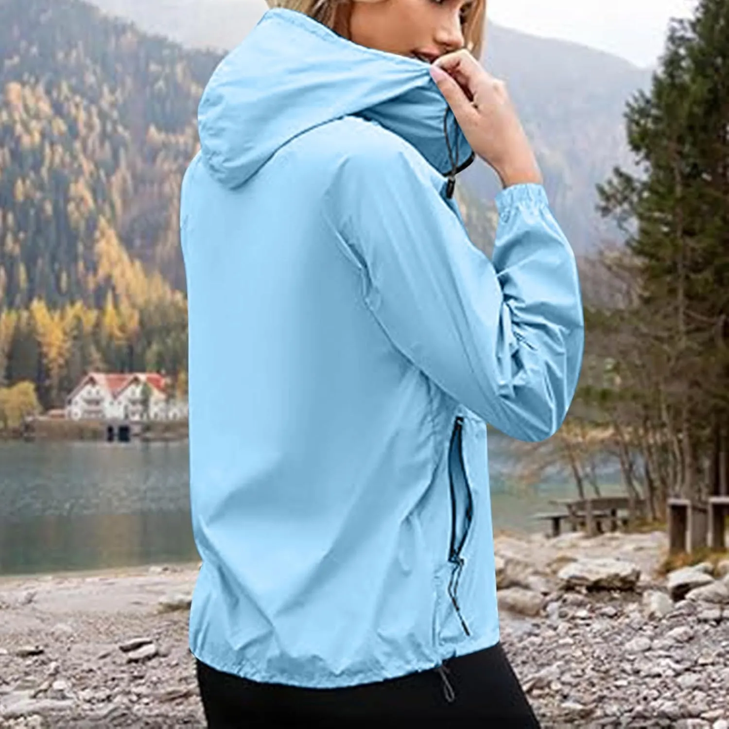 Sinzelimin Women Rain Jacket Lightweight Zip up Long Sleeves Hooded Windbreaker Jackets Raincoat with Pockets and Storage Bag