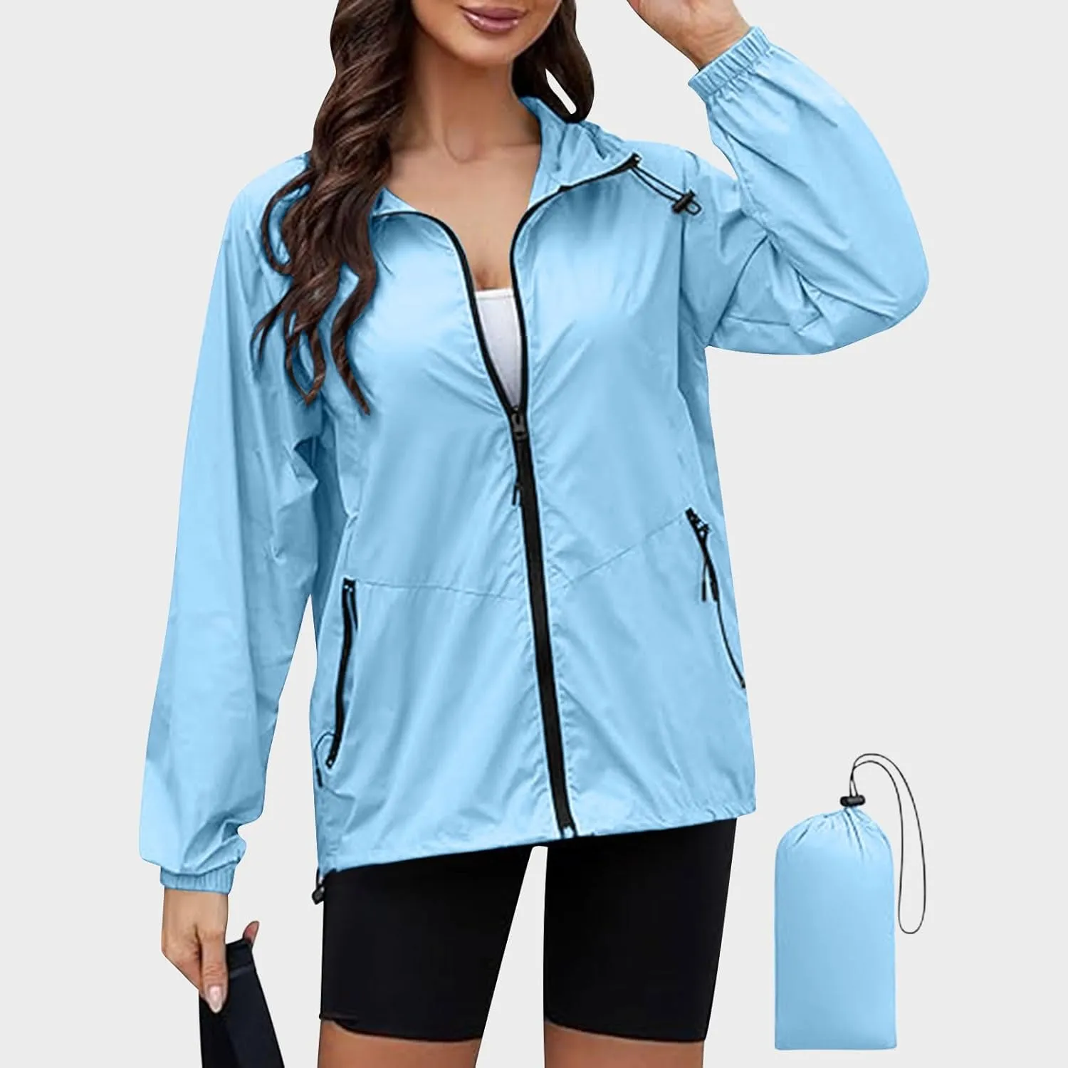 Sinzelimin Women Rain Jacket Lightweight Zip up Long Sleeves Hooded Windbreaker Jackets Raincoat with Pockets and Storage Bag